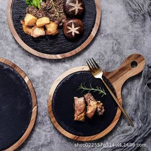 Wooden Cutting Board with Handle Restaurant Round Cooked Steak Snack Plate Home Solid Wood Breakfast and Dinner Tray