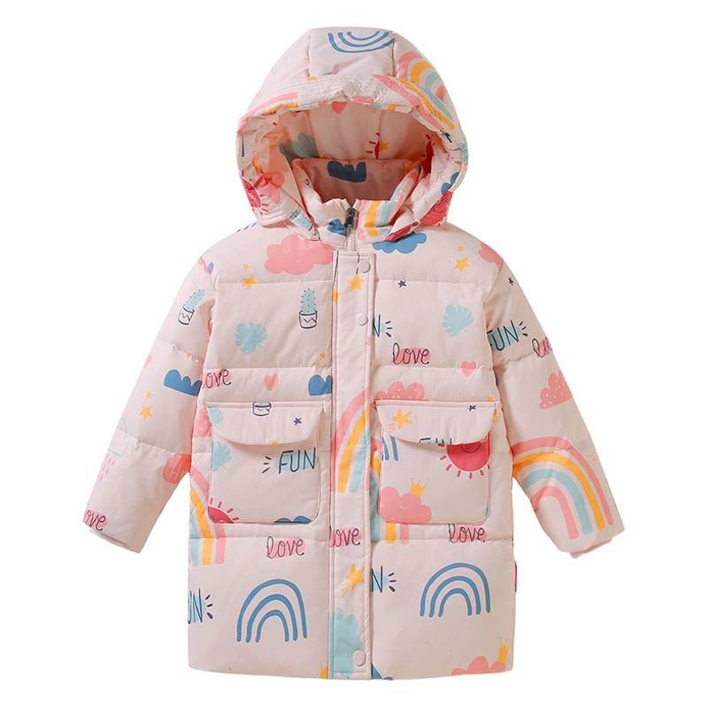 Детский пуховик средней длины, новая модель 2025 года, стильный корейский фасон, утепленное зимнее пальто для малышей.