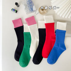 百搭拼接色襪子四季秋男女堆堆襪情侶休閒運動學生純色中筒襪潮