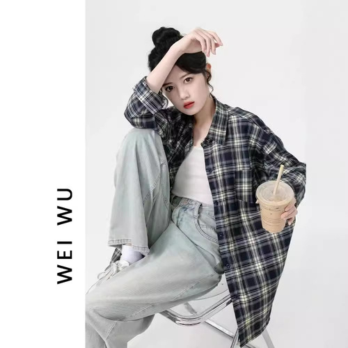 Languid Vintage Plaid Blouse for Women Autumn Korean Style Loose Long Sleeve Top Cardigan Outerwear