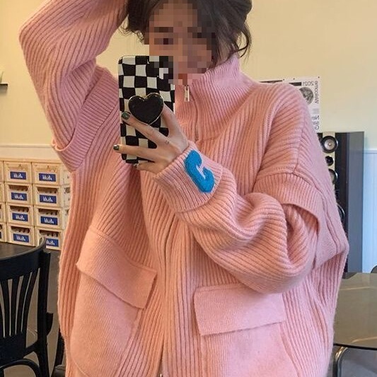 Trendy Korean-Style Cardigan New Outerwear Design Sweater Jacket for Women, Loose Autumn and Winter Knit Top with Lazy Zipper