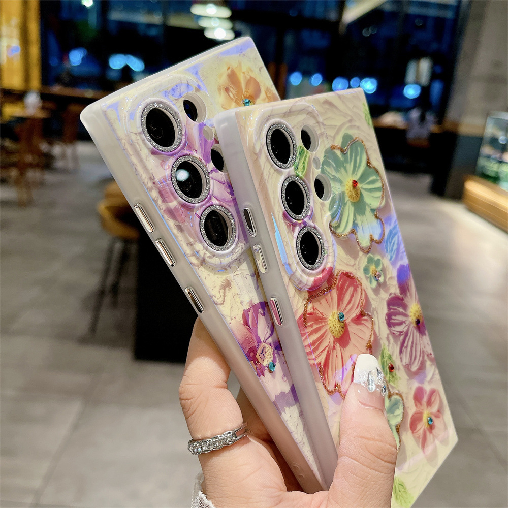 Blaulicht Strass Blumen Handyhülle Für Samsung S25 Ultra_voghion.com