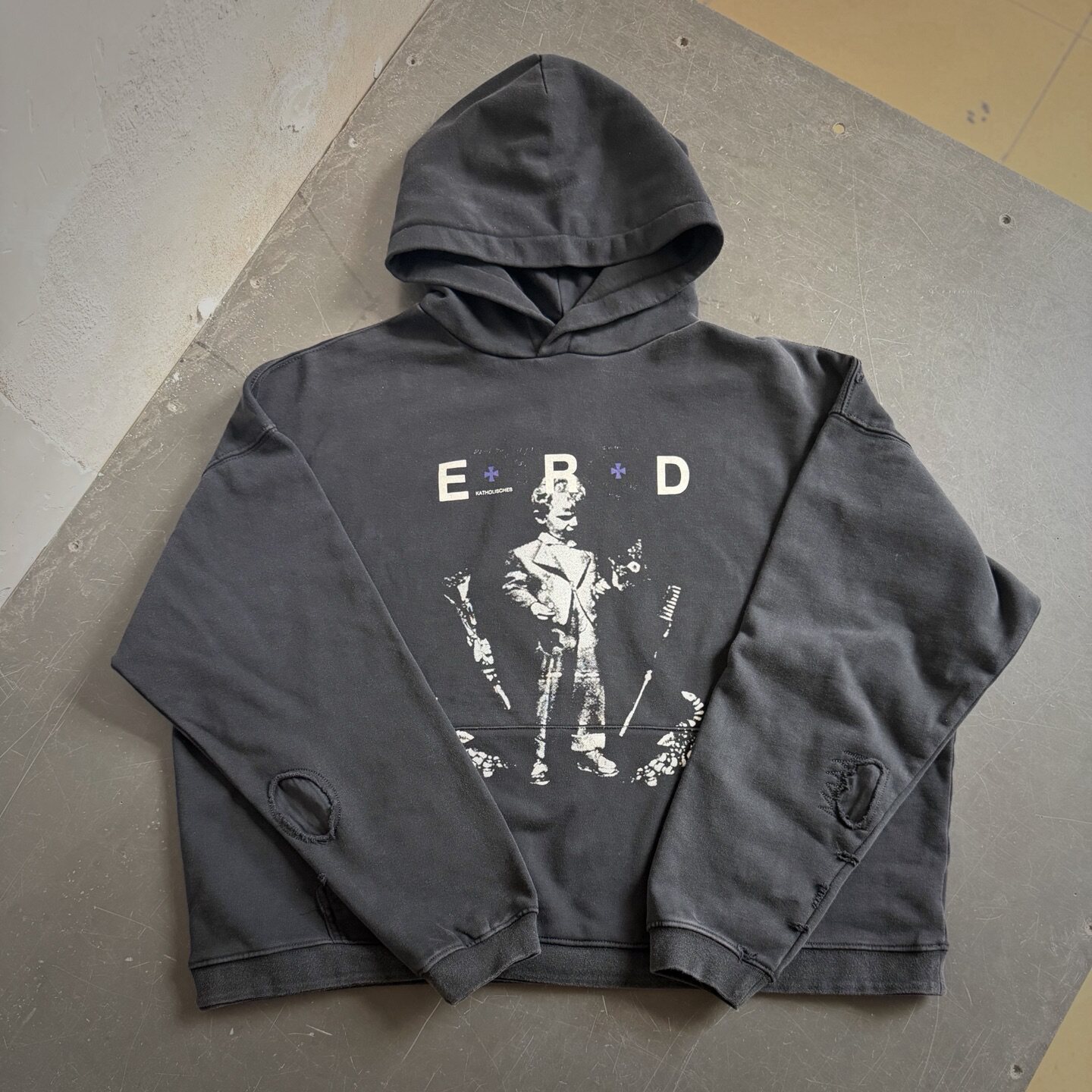 ERD Hooded Sweatshirt with Letter Print of a Moody Rich Young Man, Unisex Loose Vintage Distressed Pullover Jacket