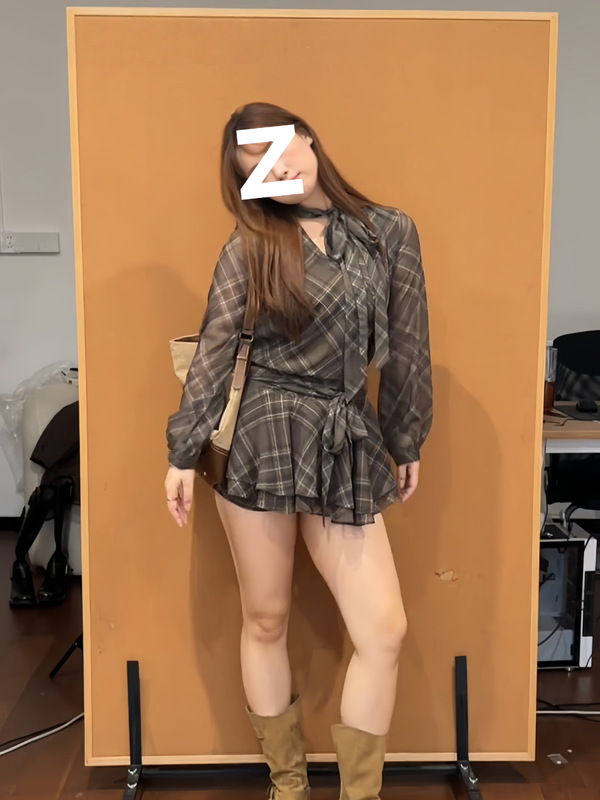 大码胖mm韩系复古感格子长袖连衣裙女早秋新款飘带v领短裙子|undefined