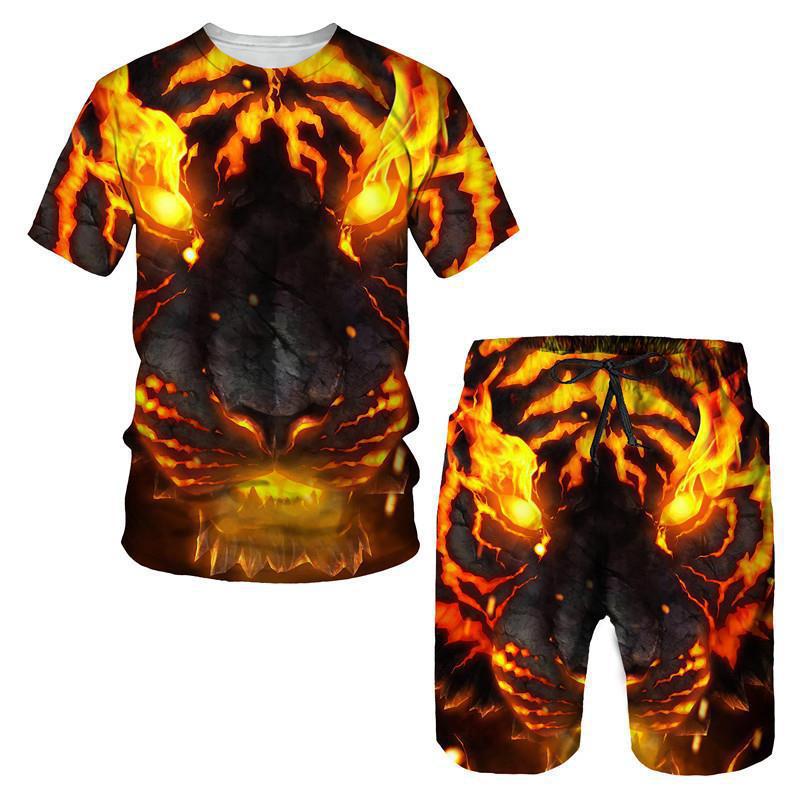 男士短袖T恤套装3D数码打印老虎猛兽图案 跨境电商圆领休闲运动服