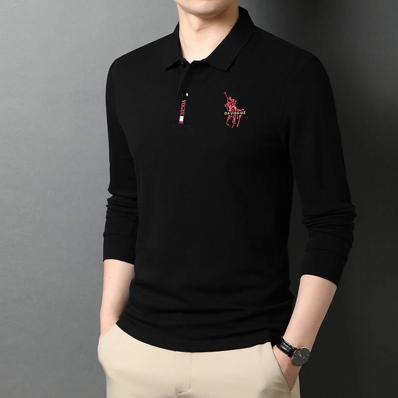 Camiseta de manga larga de los hombres camisa de polo de solapa de color sólido 2023 primavera y otoño bordado de negocios superior camisa de fondo camiseta de los hombres