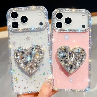 宝石爱心支架适用iPhone17Air手机壳苹果16E闪钻闪粉15Promax跨境