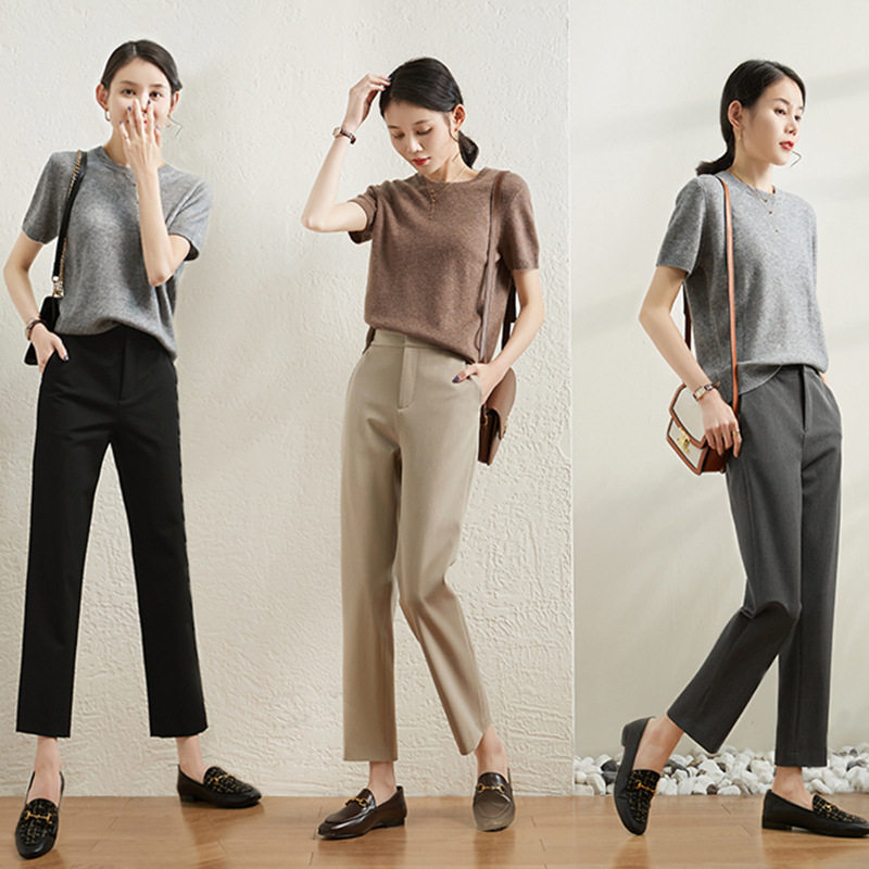 Quần tây nữ ống rộng cạp cao dáng đứng tôn dáng — Màu mơ, Màu xám đậm, Màu đen