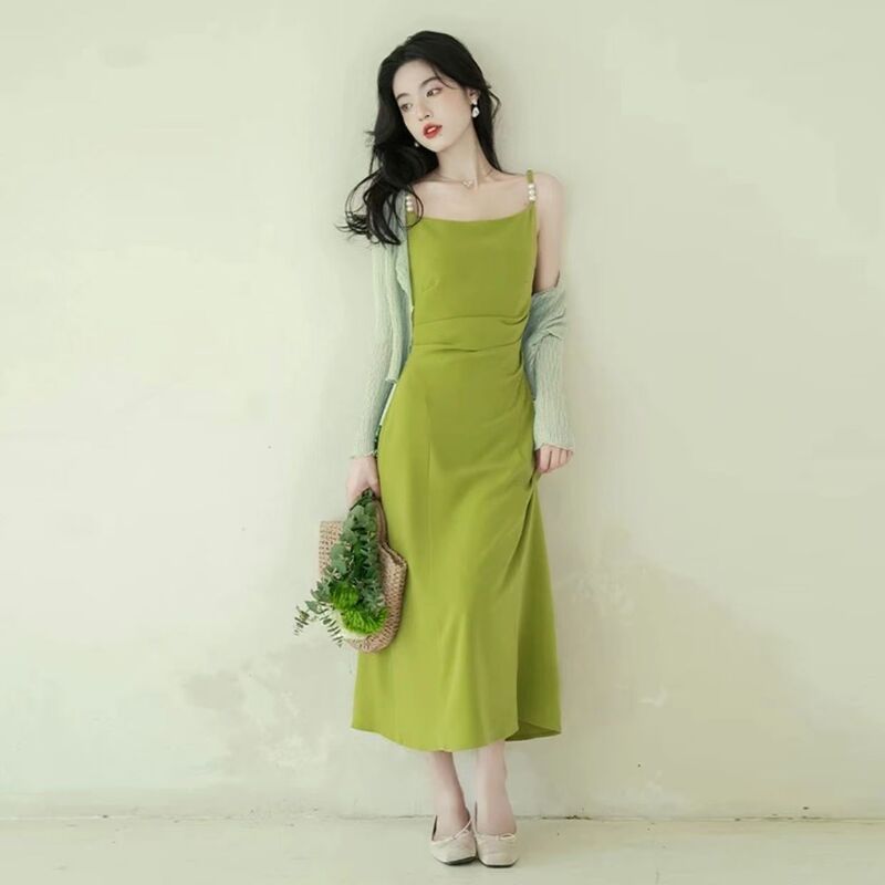 【Two-Piece Set】2025 New Black Cardigan Jacket Sleeveless Floral Print Long Dress Set