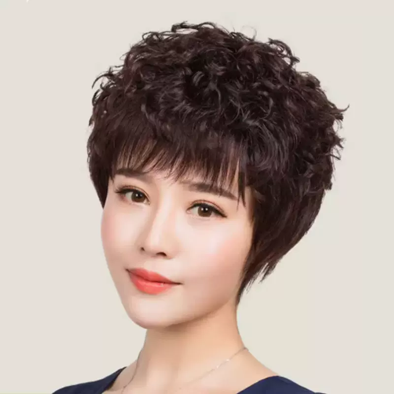 假发女短发中老年短卷发真人发丝妈妈款羊毛卷发型假发头套自然
