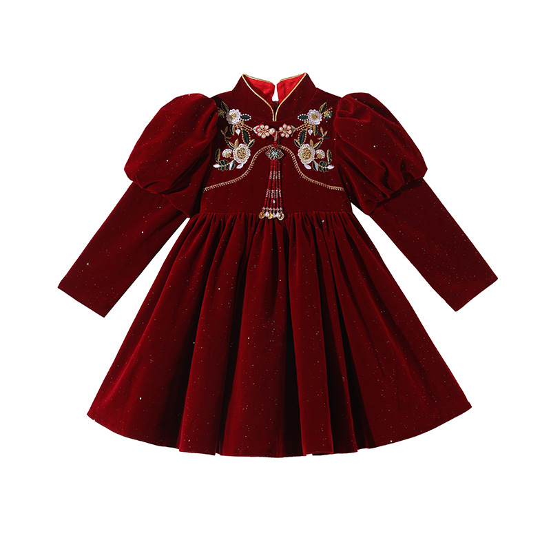 가을과 겨울 소녀 CHEONGSAM 원피스 겨울 2024 새로운 소녀 서양식 어린이 붉은 한푸 공주 치마