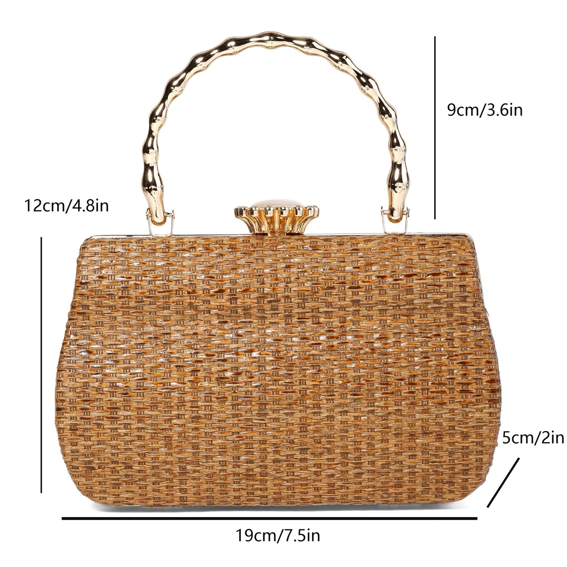 322g Weight Lock clasp Closure Type Ring Handle, Chain Strap Type Evening Bag, Box bag Bags Type Casual Occasion Straw Material Solid Color Pattern All Seasons Season Women's Gender Elegant Style Square Shape Women's Straw Solid Color Elegant Square Lock Clasp Evening Bag Box Bag 无
