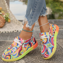 2025外贸新款大码系带彩色低帮单鞋女民族风涂鸦懒人帆布平底单鞋
