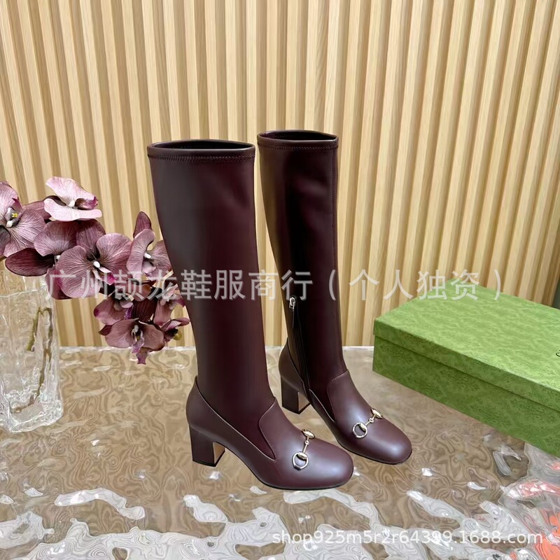 高端2025秋冬真皮圆头复古粗高跟马衔扣高筒弹力瘦瘦靴不过膝长靴|undefined
