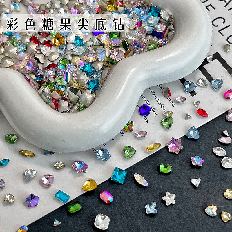 Candy-Colored Pointed-Bottom Nail Art Rhinestones Mixed with Heart-Shaped and Irregular-Shaped Rhinestones, Nail Art Decorations, Assorted Nail Rhinestones
