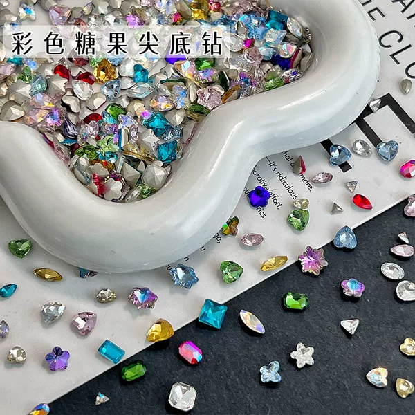 Candy-Colored Pointed-Bottom Nail Art Rhinestones Mixed with Heart-Shaped and Irregular-Shaped Rhinestones, Nail Art Decorations, Assorted Nail Rhinestones