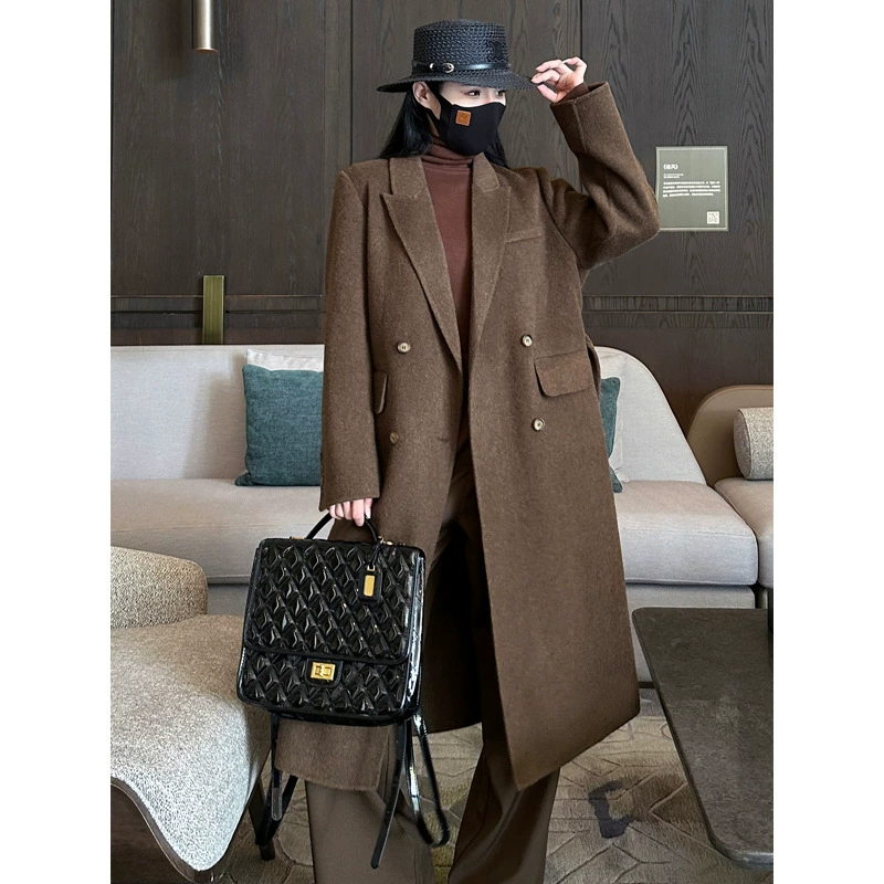 Кашемировое пальто Fangfala 2025: новая коллекция, оптовая продажа, высококачественное, длинное, двубортное, с отложным воротником, элегантный стиль.