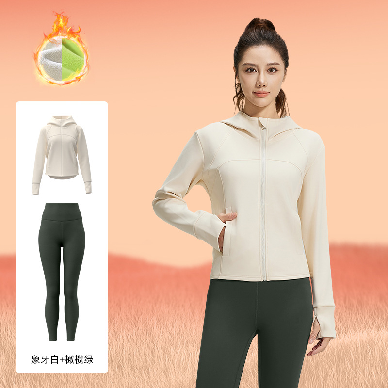 Juyi Tang otoño invierno miel de melocotón juego deportivo abrigo suelto bolsillo capuchón de lana grueso juego de yoga