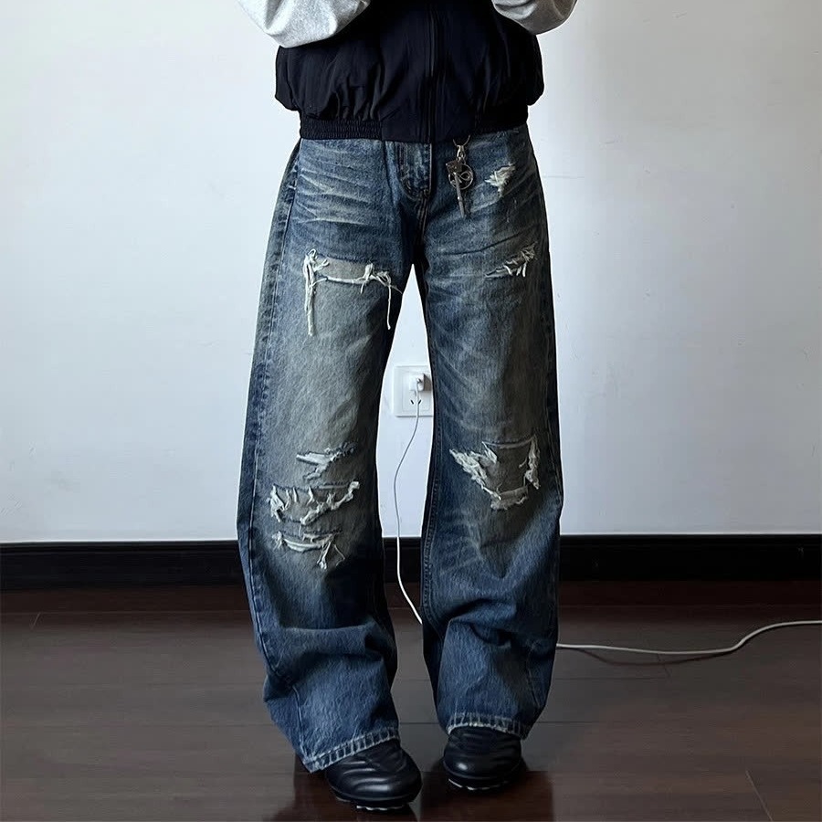 Men's Distressed Washed Denim Jeans With Rip & Frayed Details, Loose Fit Straight Leg Pants, Vintage Streetwear Style For Casual Wear_mkmklike.com