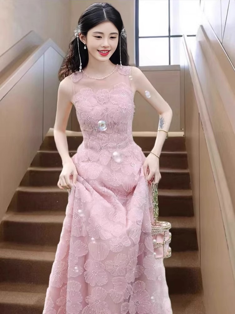 Váy maxi nữ thắt eo cổ chữ U không tay dáng chữ A — màu hồng
