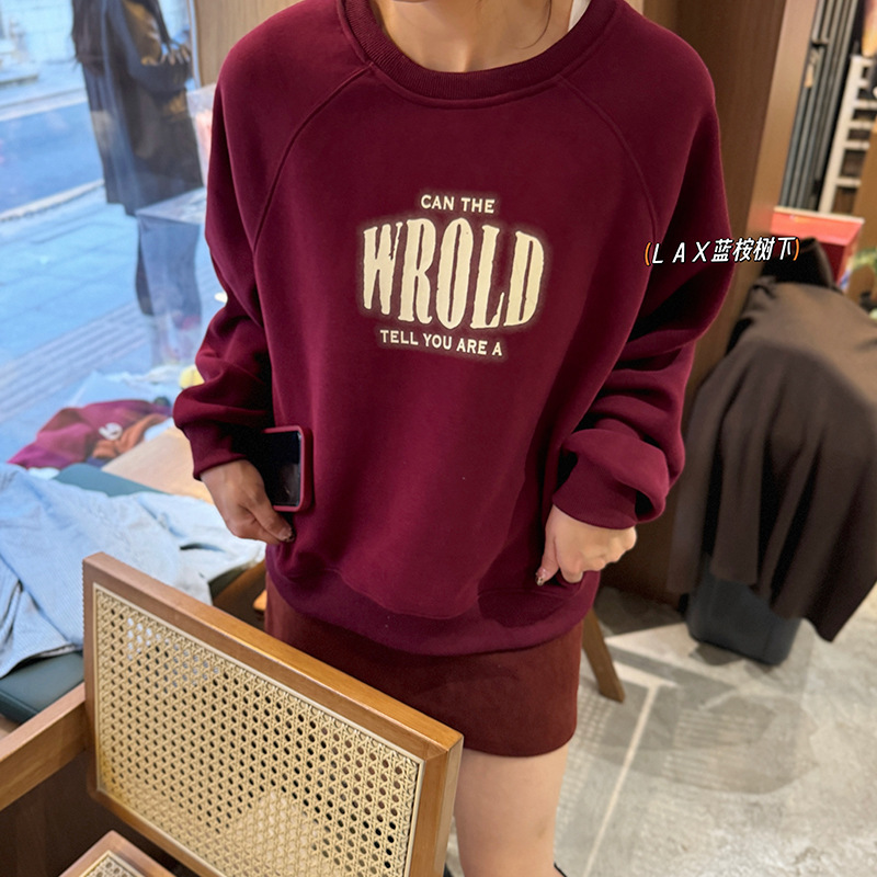 Winter New Composite fleece-lined Sweat Fashion American Vintage Letter Printing All-match Loose Casual Raglan Women's Wear