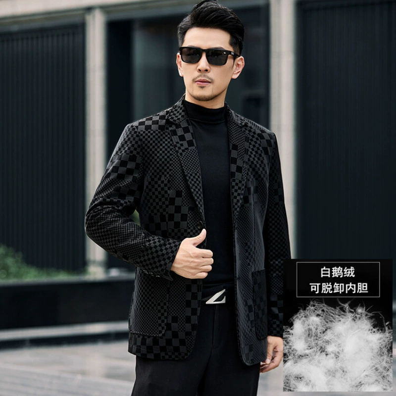 Демисезонный костюм, пуховик, подкладка, натуральная кожа, гусьи пух, slim fit