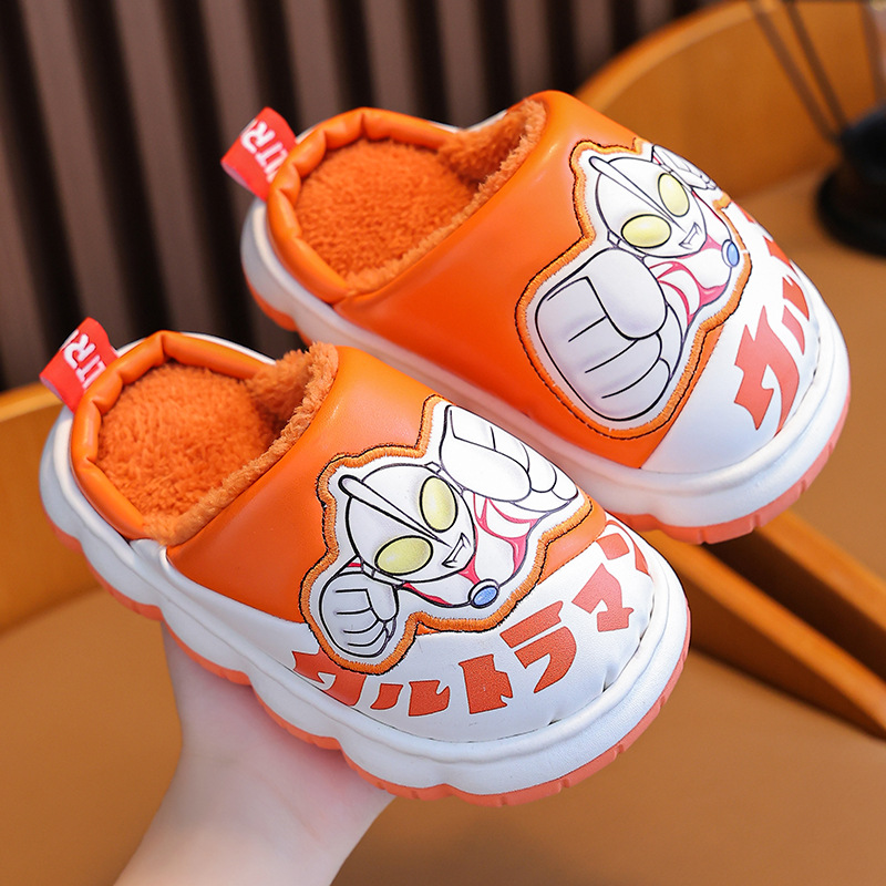 Niños de invierno Ultraman bebé Zapatillas de algodón cálido hogar PU cuero impermeable medio y grande niños bolsa de dibujos animados zapatos de tacón de algodón