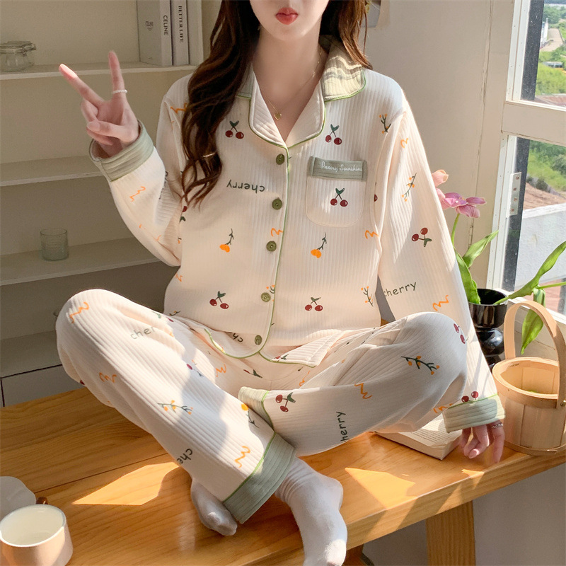 Pijama de otoño de manga larga de aire de algodón intercalado ropa de lactancia antes del embarazo ajustable set de ropa doméstica prenatal y postparto