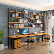 loft实木书桌书架一体办公桌组合靠墙工业风组合带家用家用木工