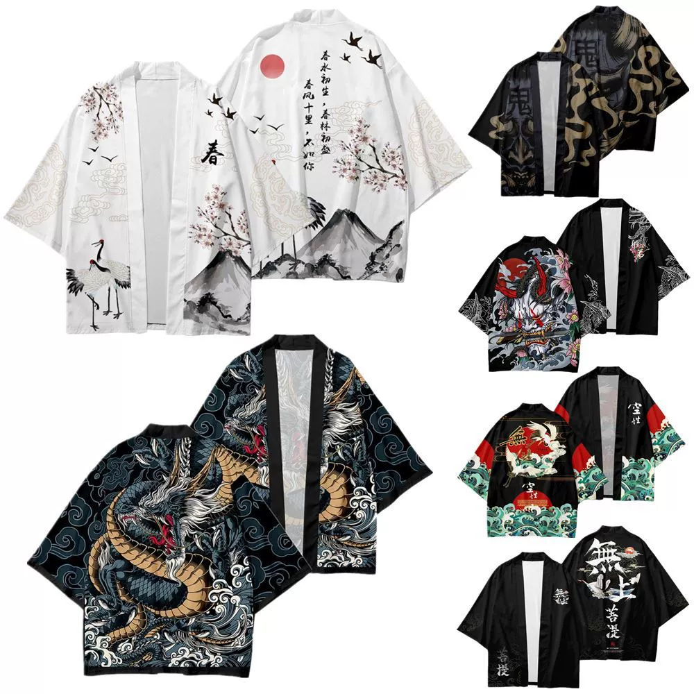 Трансграничная летняя горячая распродажа Национальный прилив в китайском стиле Харадзюку Ретро кардиган Кимоно 3D с принтом Дракон тотем Японский плащ мужчина