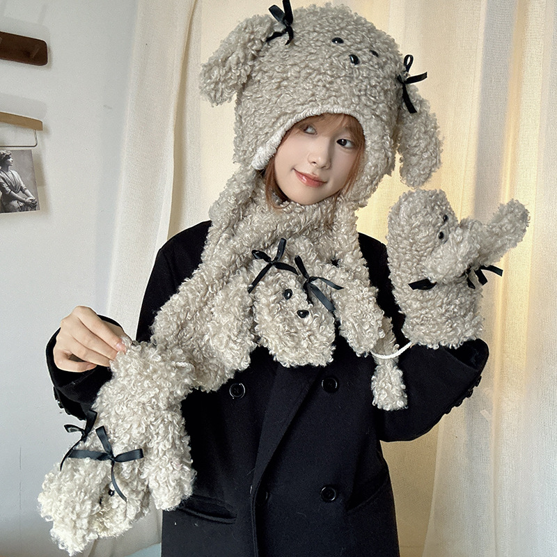 Lazy Holiday~Shop/Teddy Hairy Cartoon Cute Gloves Hat Scarf 3-Piece Set for Autumn and Winter Warmth_voghion.com