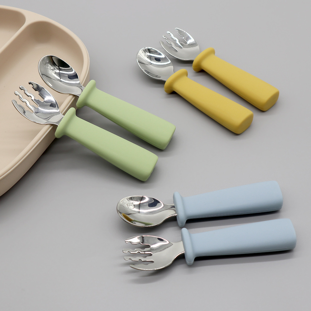 New cross-border 316 stainless steel fork learning eating silicone spoon complementary spoon children's tableware silicone short handle fork spoon