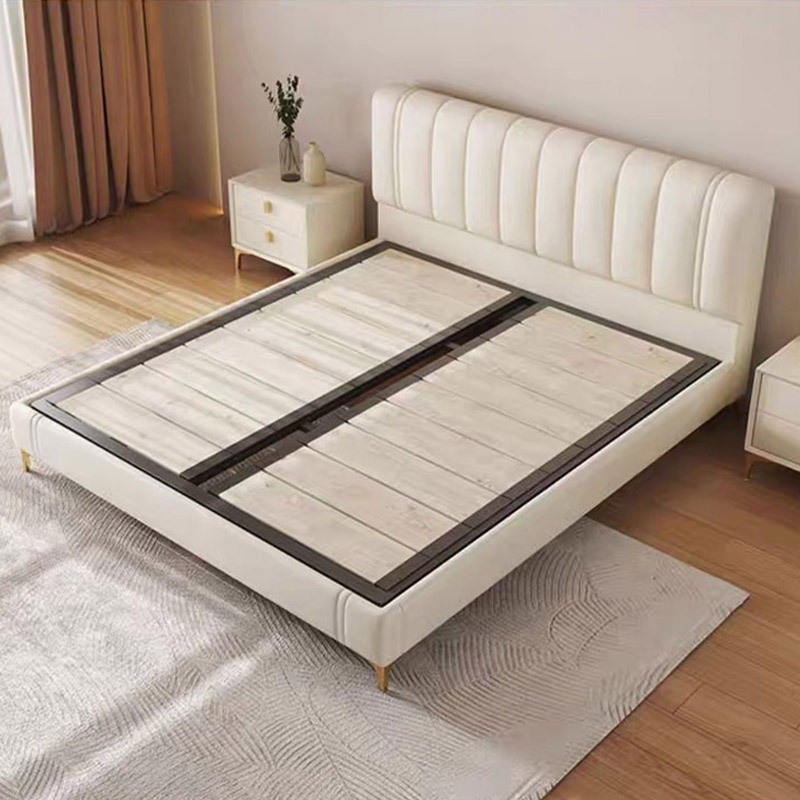 Modern minimalist headboard genuine leather soft upholstery bed master bedroom wedding bed luxury minimalist cream style double princess bed