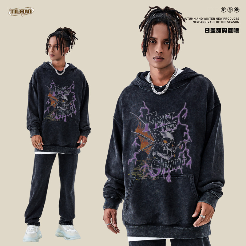 TILANI men's street fashion pure cotton men's sweatshirt oversize heavy washing and old men's hooded top