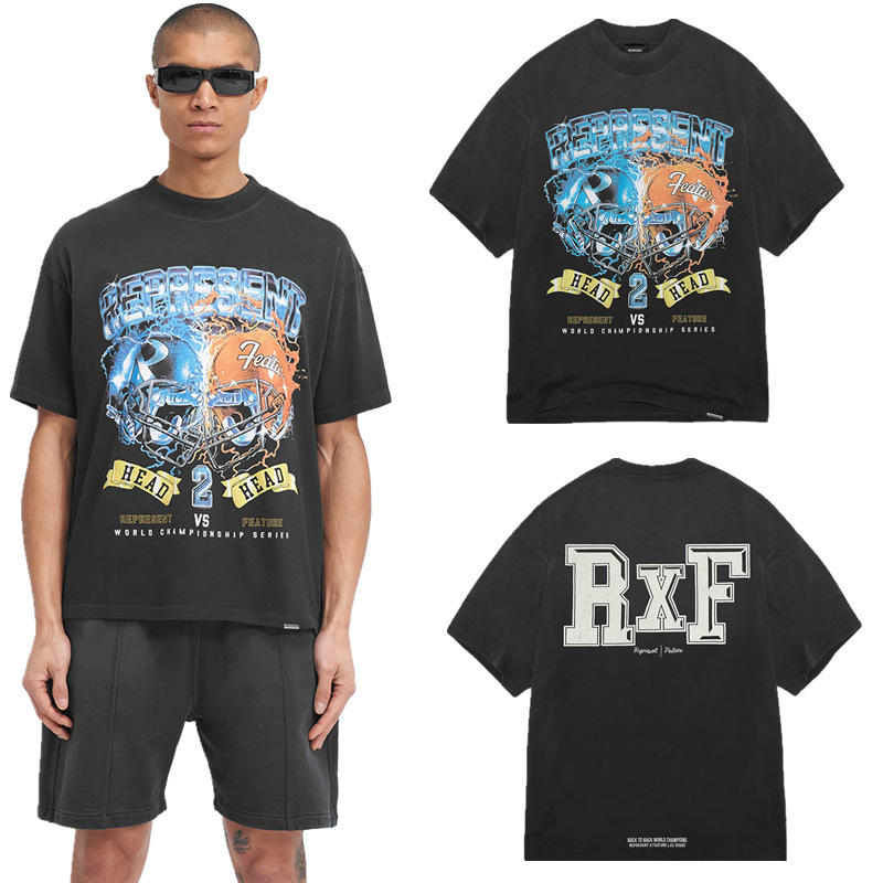 美式足球超级碗联名限定款头盔冰与火字母印花做旧刺绣短袖T恤