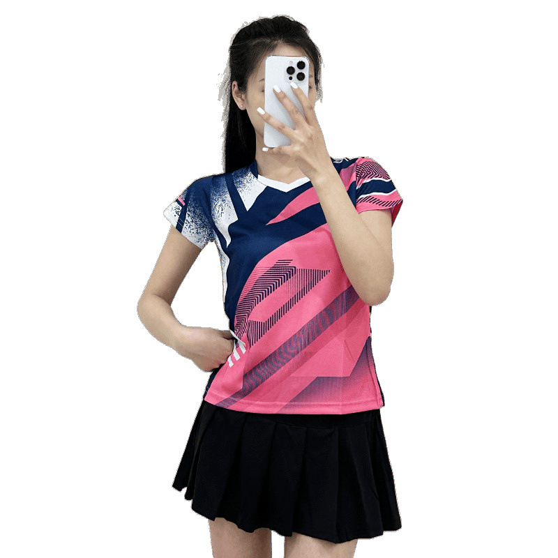Nuevo conjunto de bádminton hombre y mujer ropa deportiva transpirable manga corta uniforme de entrenamiento de estudiantes impresión número de comercio exterior
