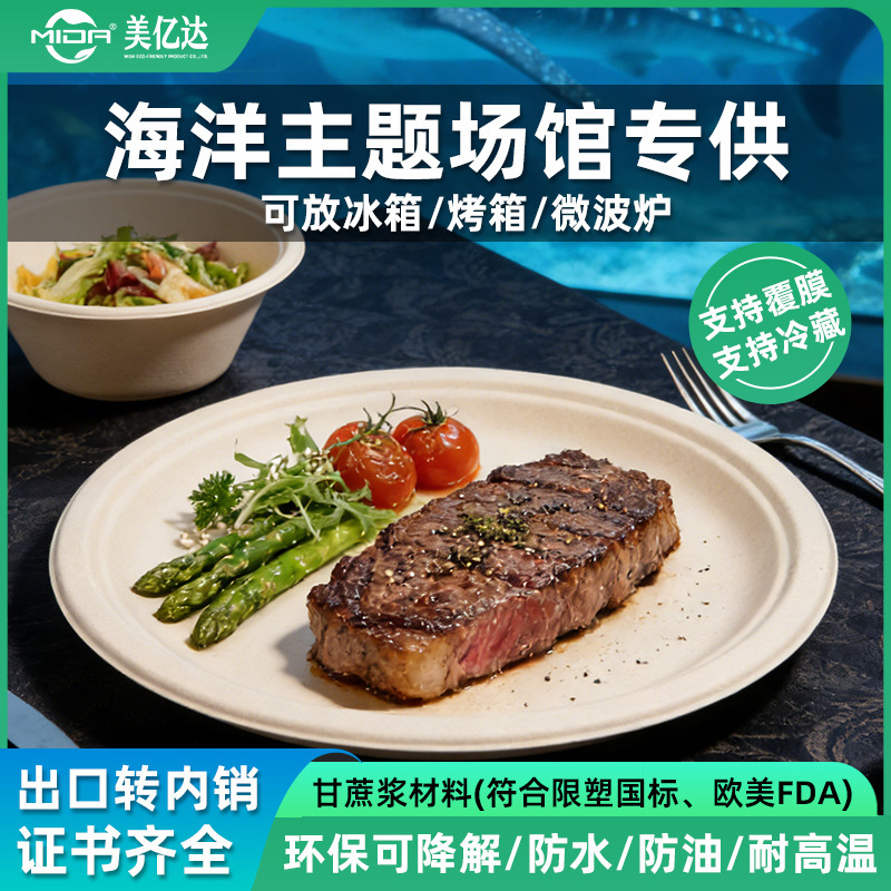 Biodegradable Eco-Friendly Tableware for Amusement Parks and Ocean Parks, Disposable 6-10inch Plate Lunch Box Made of Sugarcane Pulp