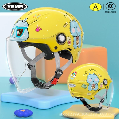 Girls, All-Season Model for Boys, Motosiklet kaskı (dəbilqə) - summer-style-lemon-yellow-dinosaur-transparent-long-mirror