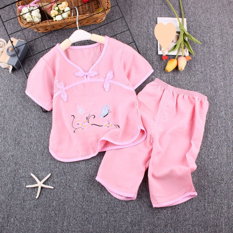 Наряд с короткими рукавами в стиле ханьфу для девочек, модная детская летняя хлопковая шелковая пуговица в китайском стиле, национальная модная тонкая детская одежда.