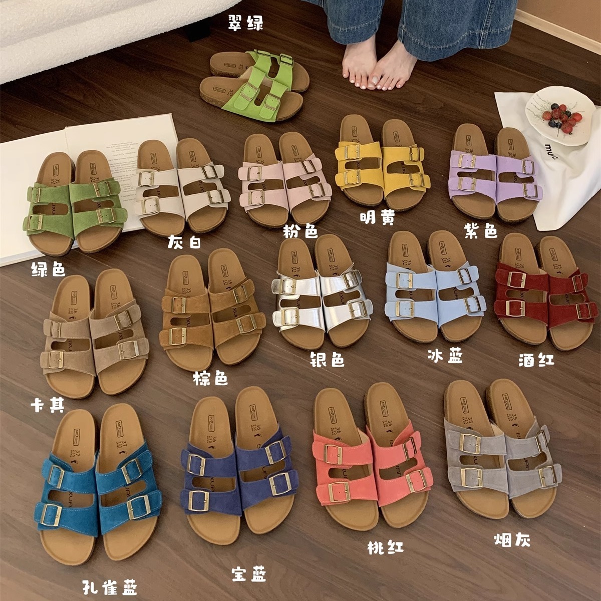 소가죽 버전 ~ 여성용 두꺼운 밑창 버켄스탁 신발, 여성용 정품 가죽 복고풍 숲 슬리퍼, 여름 아우터웨어, 휴가용 비치 샌들 및 슬리퍼