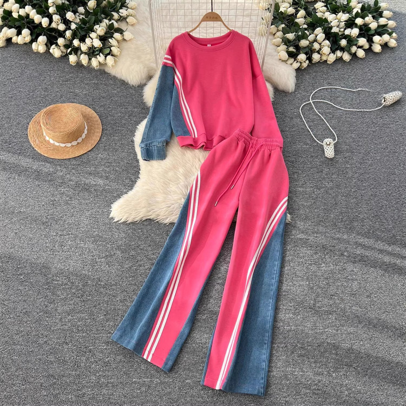 Casual Sports Suit for Women, Autumn Loose Versatile Round-Neck Sweatshirt, High-Waisted Denim Patchwork Pants, Early Autumn 2026