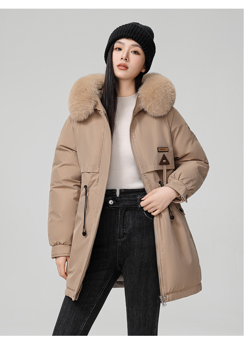 2024 foreign trade overcomes women's winter new Korean version waist cinching slimming hooded big fur collar cotton_voghion.com
