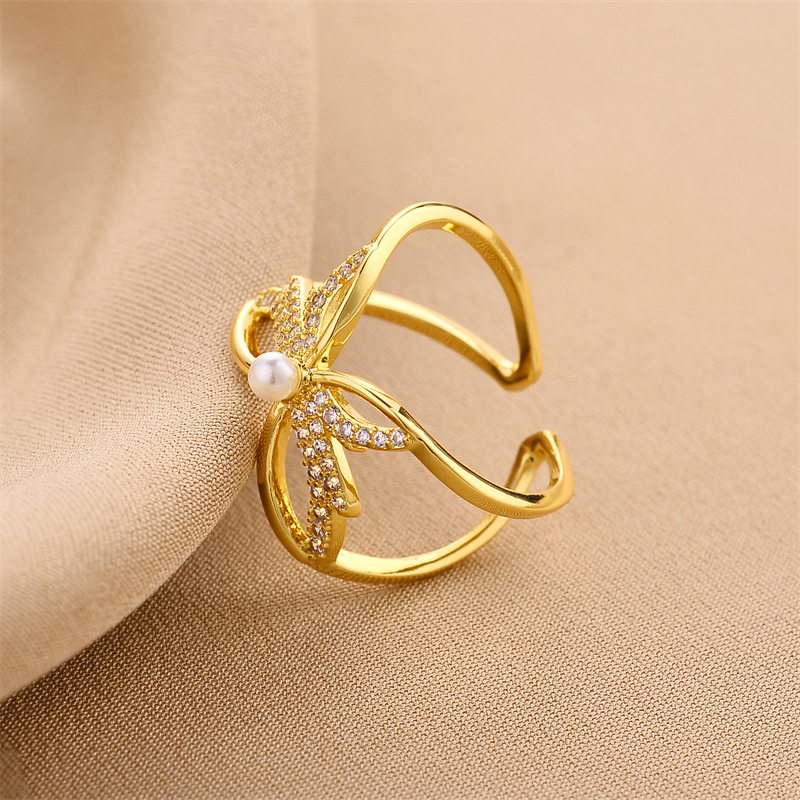 Copper Material Flower Pattern Women'S Gender Plating Design Fashion Flower Copper Plating Zircon Open Ring 1 Piece