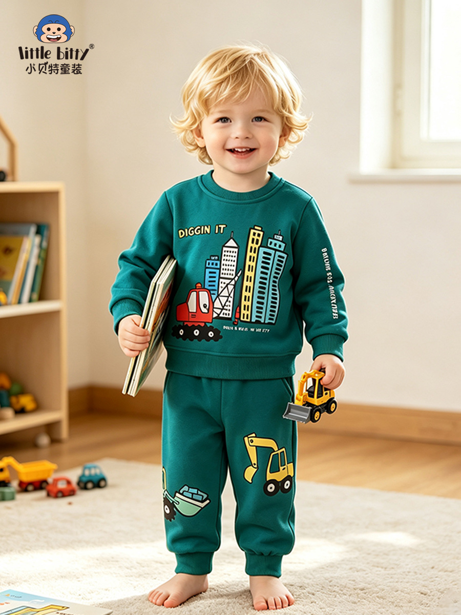 Cross-border children's clothing, 26 years of children's sports suits, European and American fashion city car round-neck autumn and winter sweatshirt two-piece set