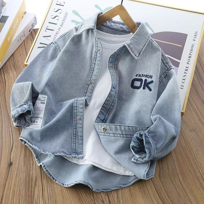 Boys' Spring and Autumn Denim Jacket Shirt, New Korean-Style Autumn Fashion Top for Kids and Teenagers