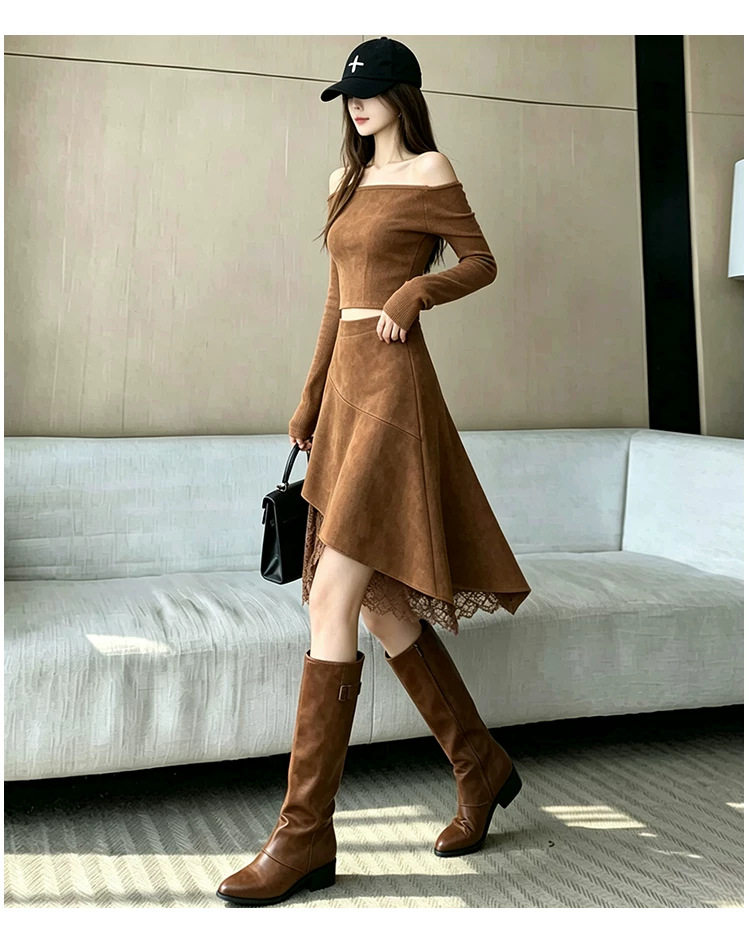 Chân váy nữ dáng chữ A eo cao lưng cao phong cách thanh lịch, chất liệu da hươu mềm mịn, thiết kế bất đối xứng, dáng trung dài — Màu cà phê đậm, màu kaki, đen chi tiết 20