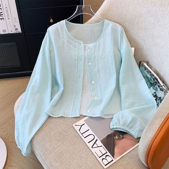 Color Sweet Crewneck Long-sleeved Sun-protective Shirt Loose All-match Design Niche Summer New Single-breasted Top
