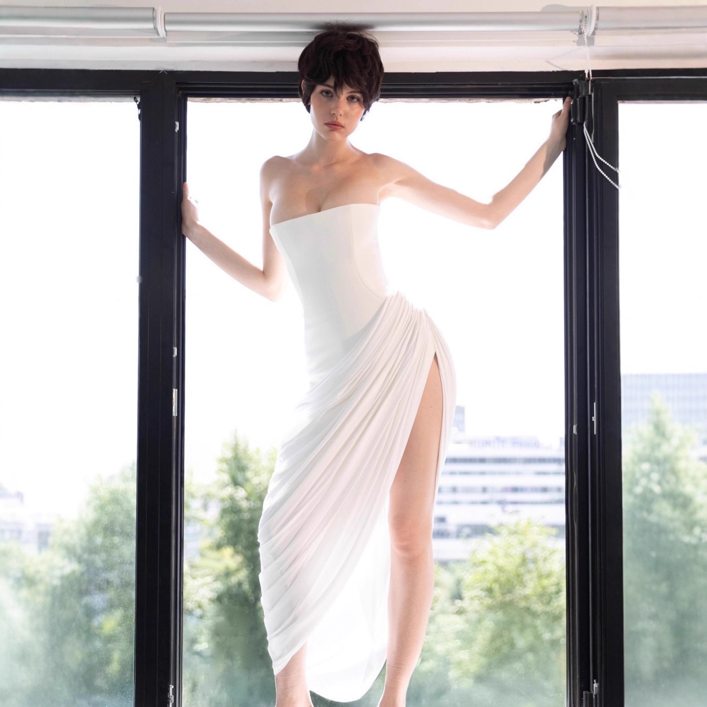 Cross-Border European and American Clothing Autumn and Winter New Sexy Tube Top Backless Waistband Oblique Slit Pleated Slim Dress Dress