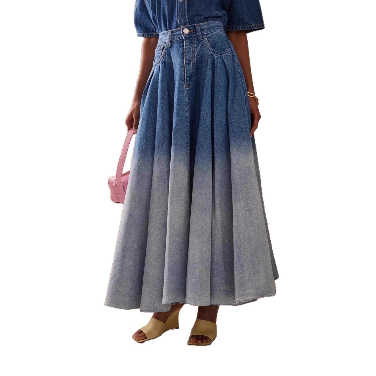 Women's Clothing Women's High Waist Midi Skirt Denim Washed Solid Color Style Drawstring Gradient Long Fashion Skirt_voghion.com