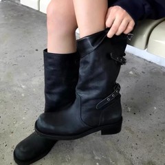 牛皮版~韩版粗跟褶皱高筒靴女25新款翻折三穿户外机车骑士靴长靴
